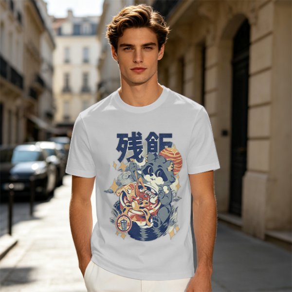 Olive green graphic t-shirt with raccoon eating ramen print