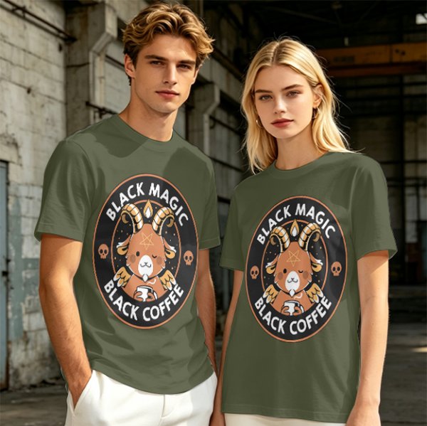 Olive t-shirt with black magic black coffee goat graphic print