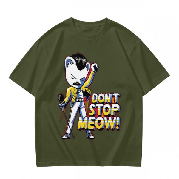 Olive graphic t-shirt with cat Freddie Mercury 'Don't Stop Meow' print