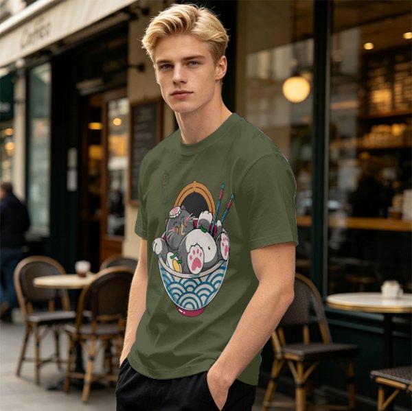 Oversized T-Shirt With Chubby Cat In Ramen Bowl Print