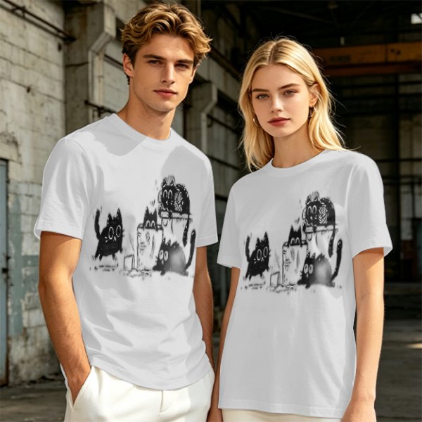 Olive Green T-Shirt With Playful Black Cat Graphic Print
