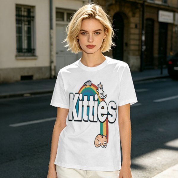 Olive Green T-Shirt With Kitties Rainbow Graphic Design