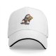 Black baseball cap with cartoon duck riding a rocket launch design