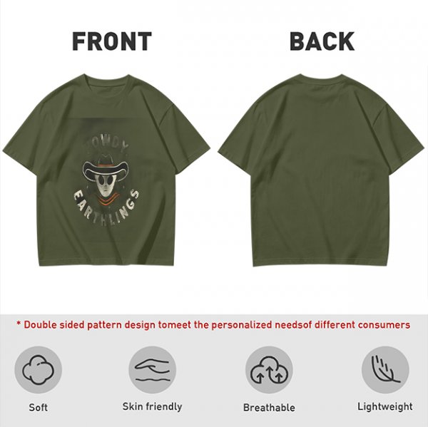Olive t-shirt with alien cowboy howdy earthlings graphic