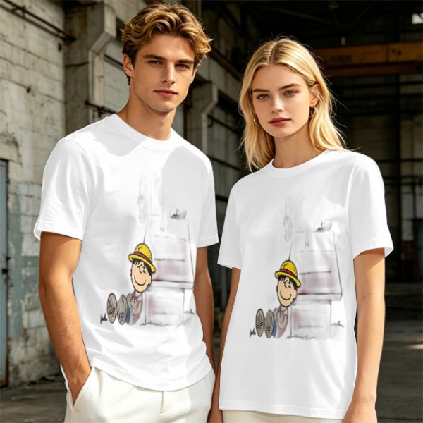Olive Green T-Shirt with Smiling Boy in Yellow Hat Graphic