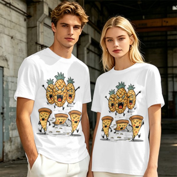 Olive T-Shirt With Angry Pineapple And Pizza Slice Cartoon Print