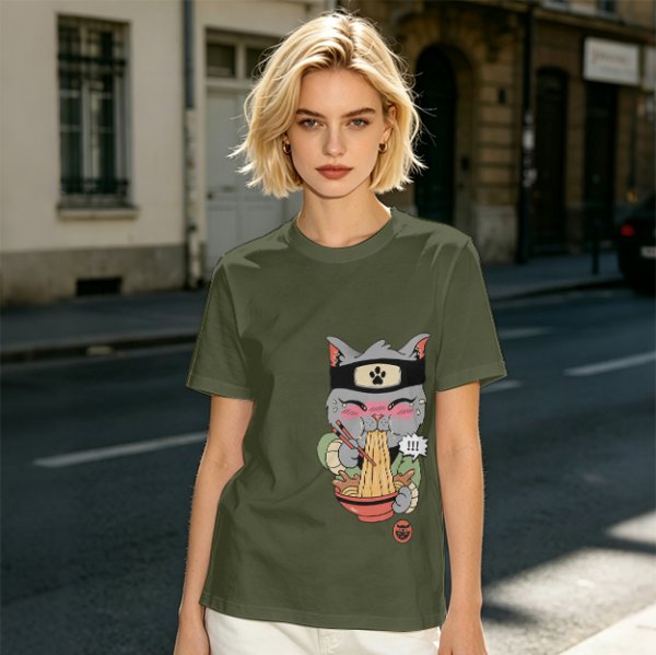 Olive green t-shirt with a ninja cat eating ramen graphic