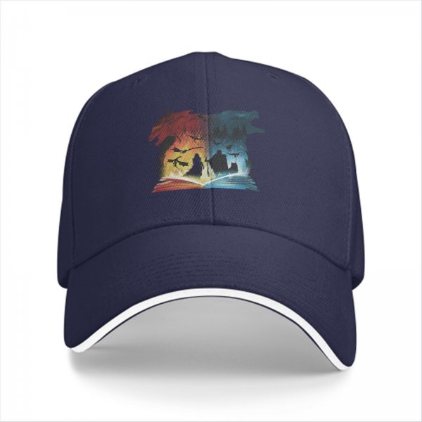 Black baseball cap with fantasy dragon and wolf open book graphic