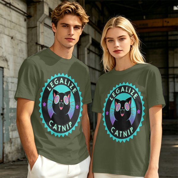 Olive T-Shirt with 'Legalize Catnip' Hypnotic Black Cat Graphic