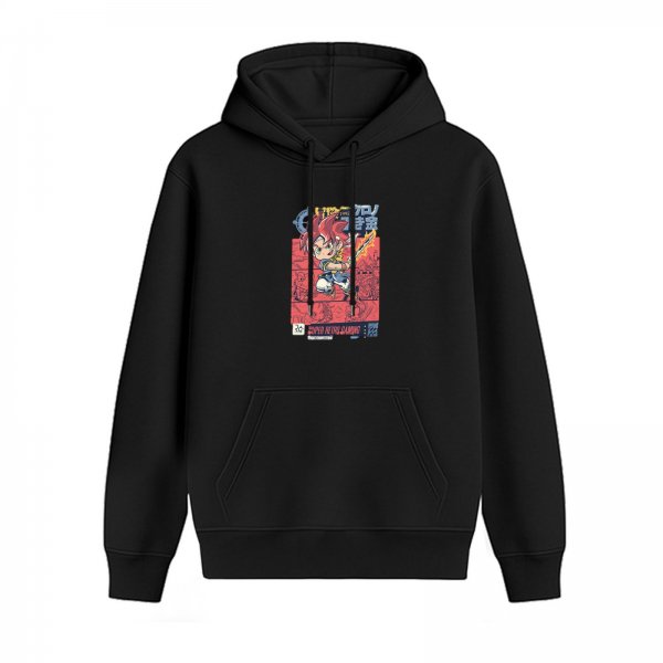 Black hoodie with chibi anime warrior graphic print