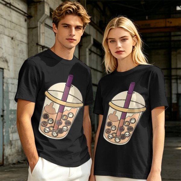 Olive T-Shirt With Halloween Themed Boba Tea Graphic