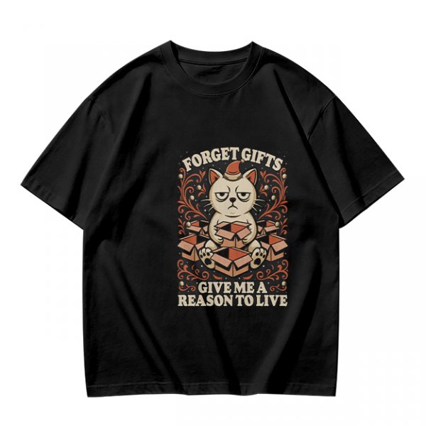 Olive t-shirt with grumpy cat holding boxes and text 'Forget Gifts Give Me A Reason To Live'
