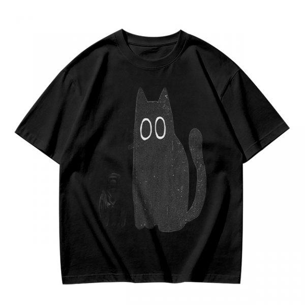 Oversized Olive T-Shirt With Cute Black Cat Graphic Print