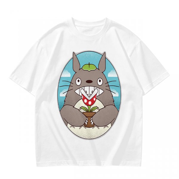 Olive Green T-Shirt with Totoro Holding Piranha Plant Print