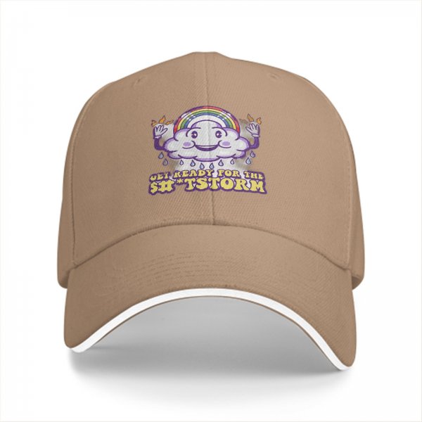 Black baseball cap with funny cloud rainbow storm graphic