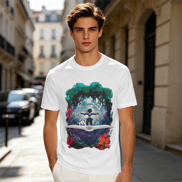 Olive T-shirt with fantasy forest glider rider graphic print