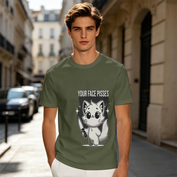 Olive graphic t-shirt with angry cartoon cat holding knife