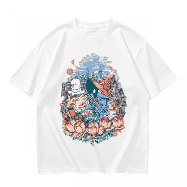 Olive T-Shirt with Whimsical Fantasy Character and Floral Art Print