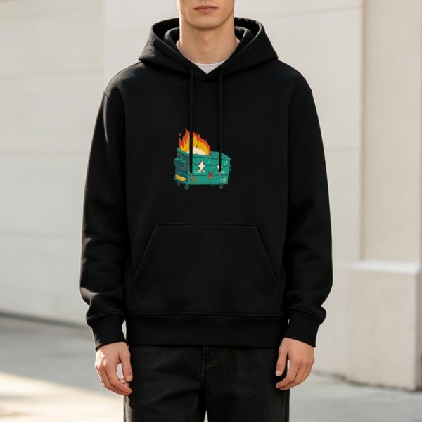 Black Hoodie With Burning Dumpster Graphic Print
