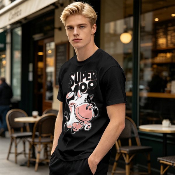 Olive green t-shirt with 'SUPER MOO' and cartoon cow graphic