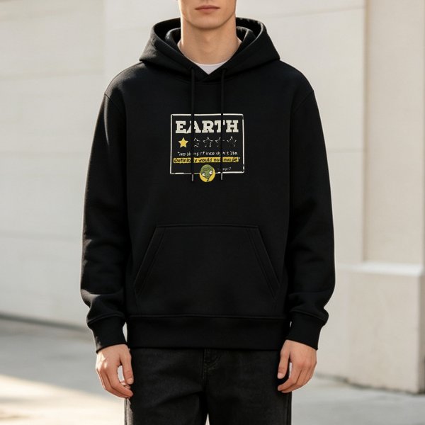 Black hoodie with funny Earth alien review graphic