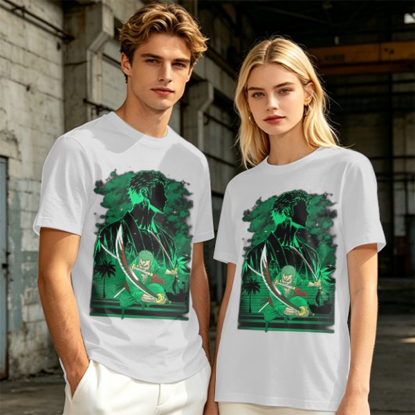 Olive Green Anime T-Shirt With Swordsman Character Artwork