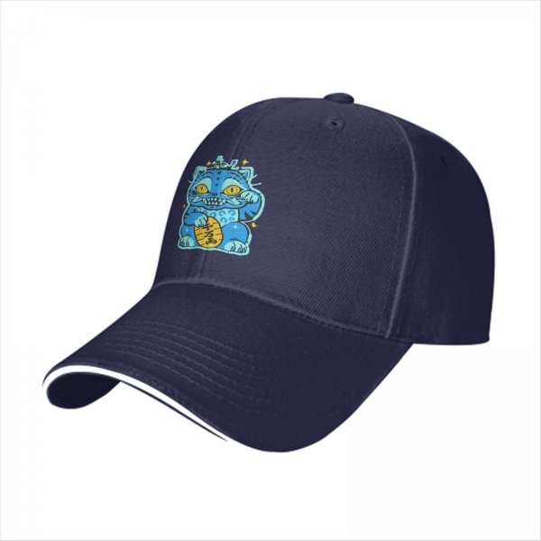 Black Baseball Cap With Blue Maneki-Neko Lucky Cat Graphic