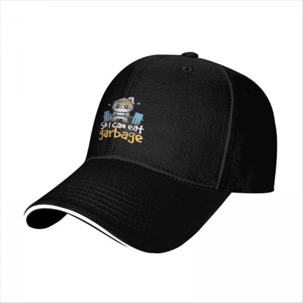 Black baseball cap with raccoon lifting weights and 'so i can eat garbage' text