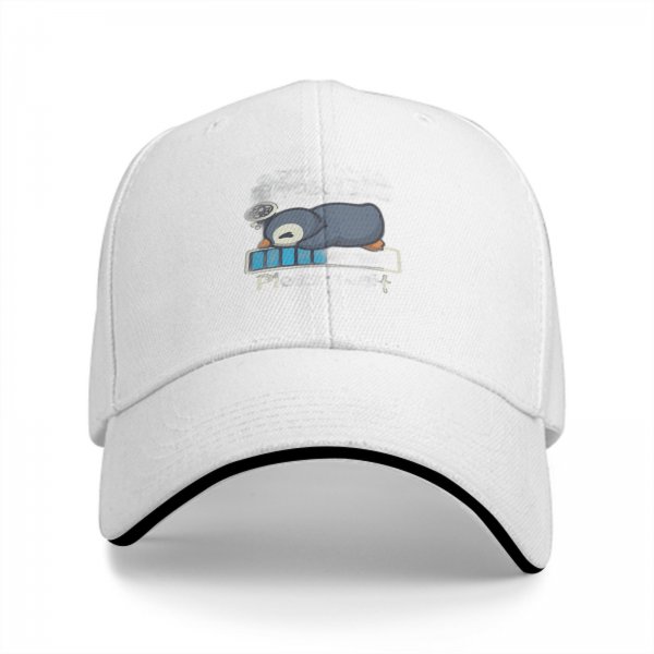 Black baseball cap with sleepy penguin low battery graphic