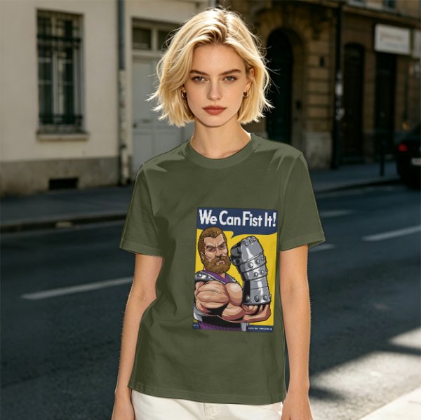 Olive graphic t-shirt with We Can Fist It! armored warrior print