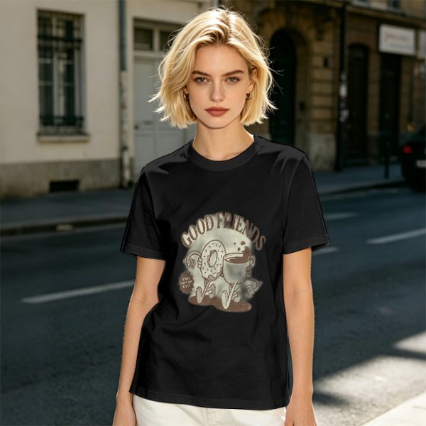 Olive green graphic t-shirt with good friends donut and coffee print