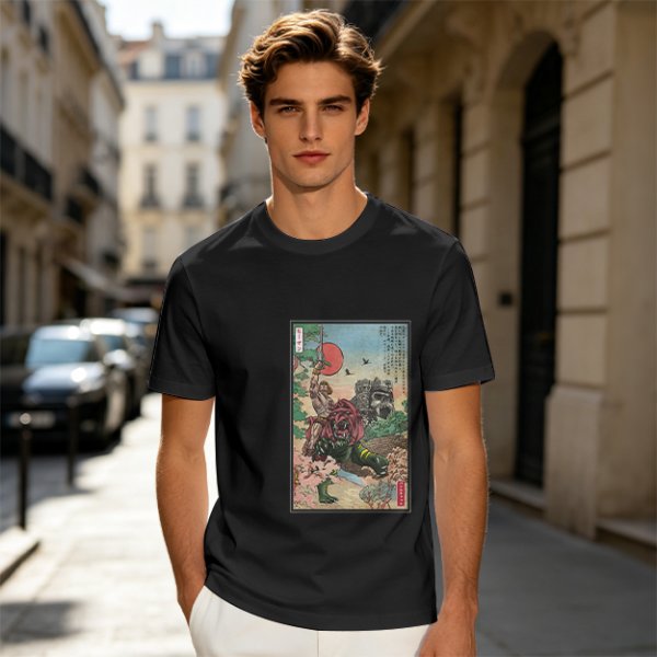 Olive T-shirt with ukiyo-e style fantasy creature graphic print