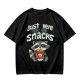 Olive green t-shirt with 'Just Here for the Snacks' and raccoon graphic