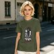 Olive t-shirt with cat kitchen graphic and 'Return to bed human' text