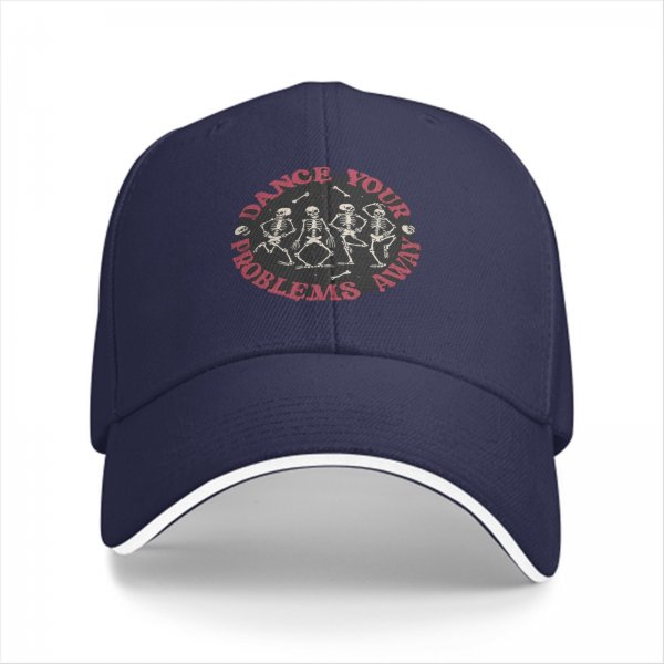 Black baseball cap with dancing skeletons and 'Dance Your Problems Away' text