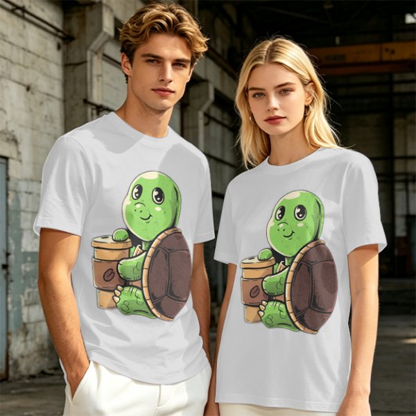 Olive Green T-Shirt With Cute Turtle Holding Coffee Cup Print