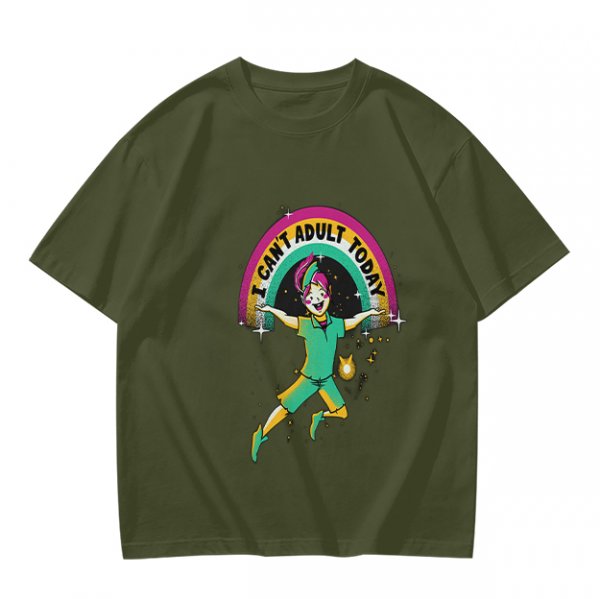 Olive Graphic T-Shirt With 'I Can't Adult Today' Rainbow Design
