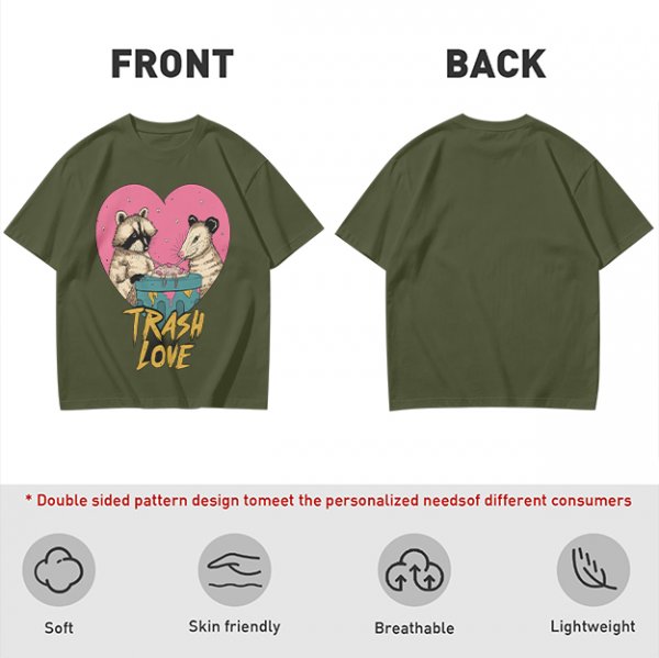 Olive Graphic T-Shirt with Raccoon and Opossum Trash Love Design