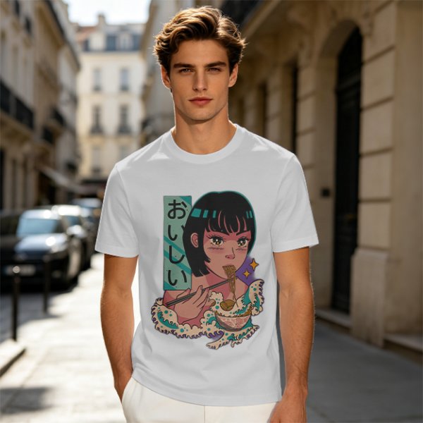 Olive anime graphic t-shirt with girl eating ramen and Japanese text