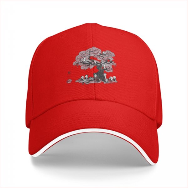 Black baseball cap with cherry blossom tree and skulls graphic