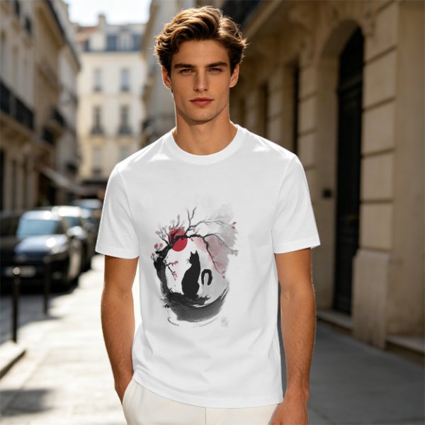 Olive T-Shirt with Japanese Style Cat and Red Sun Art Print