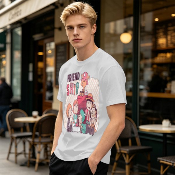 Olive T-Shirt with Friendship Themed Cartoon Crew Print
