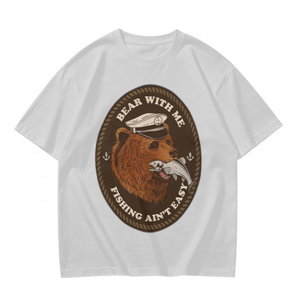 Olive t-shirt with bear captain fishing pun graphic