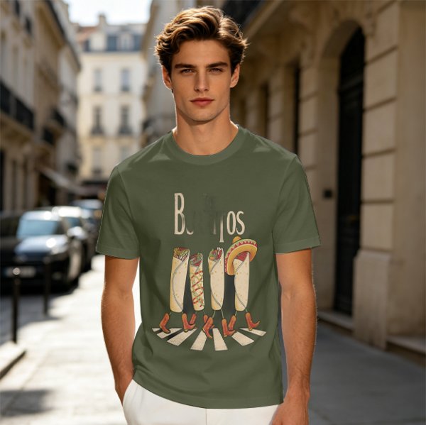 Olive T-Shirt With Walking Burritos Abbey Road Style Graphic
