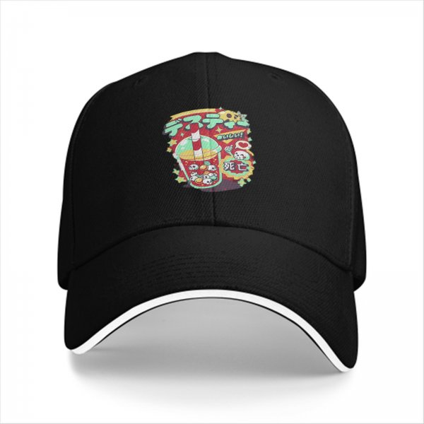 Black baseball cap with spooky drink graphic and Japanese text