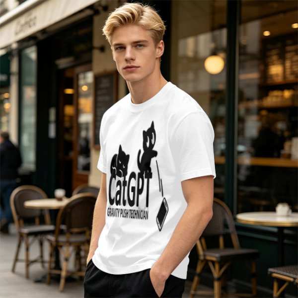 Olive green graphic t-shirt with CatGPT and mischievous cat prints