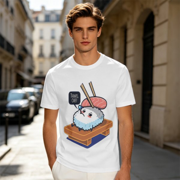 Olive T-Shirt With Sad Sushi Character Saying Thanks Chef Print