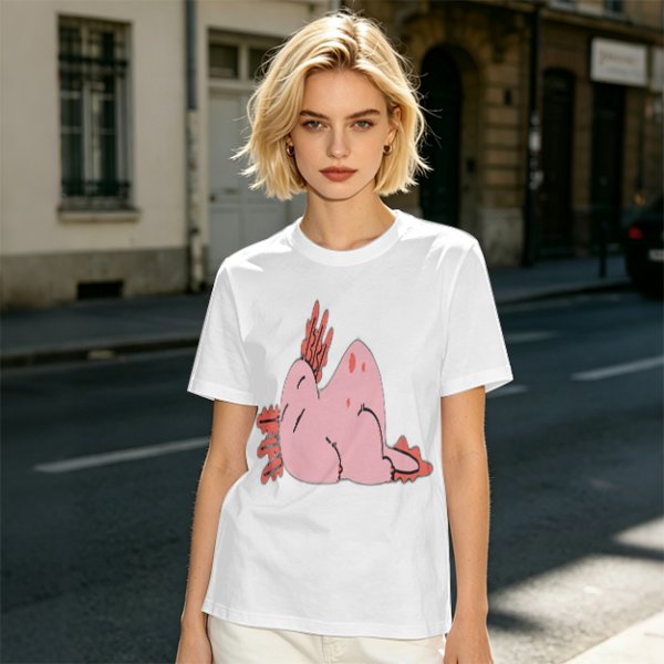 Olive Green T-Shirt With Pink Axolotl Graphic Print