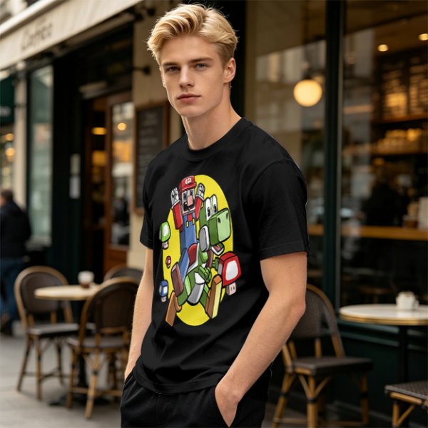 Olive T-shirt with Block Style Mario Riding Yoshi and Mushroom Graphics