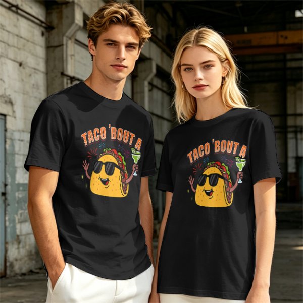 Olive taco graphic t-shirt with 'TACO 'BOUT A' text and margarita